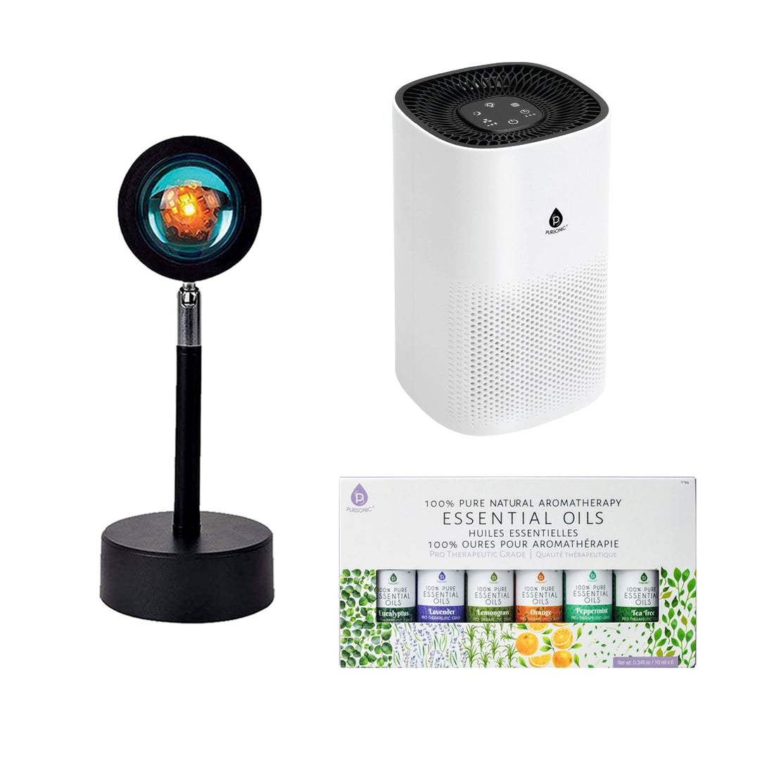 HEPA Air Purifier, 6-Piece Essential Oil Set & Sunset Projection Lamp